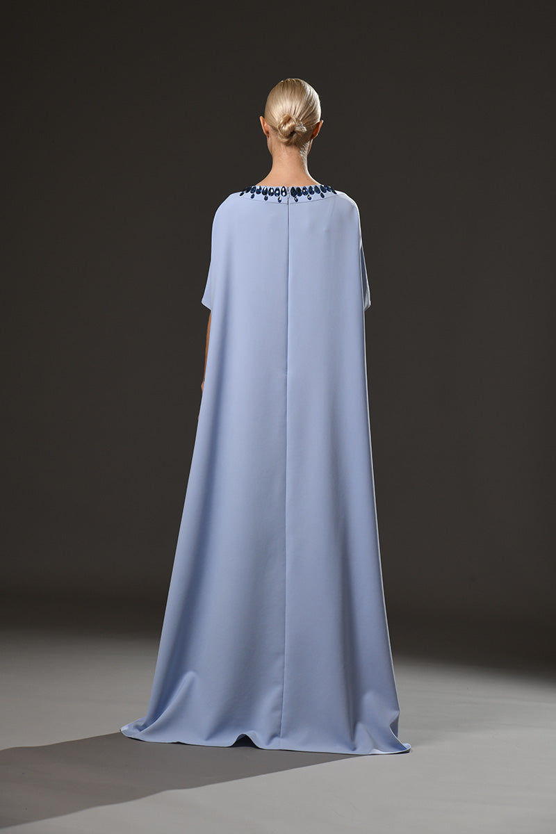 Light blue crêpe abaya with crystal drop embroidery