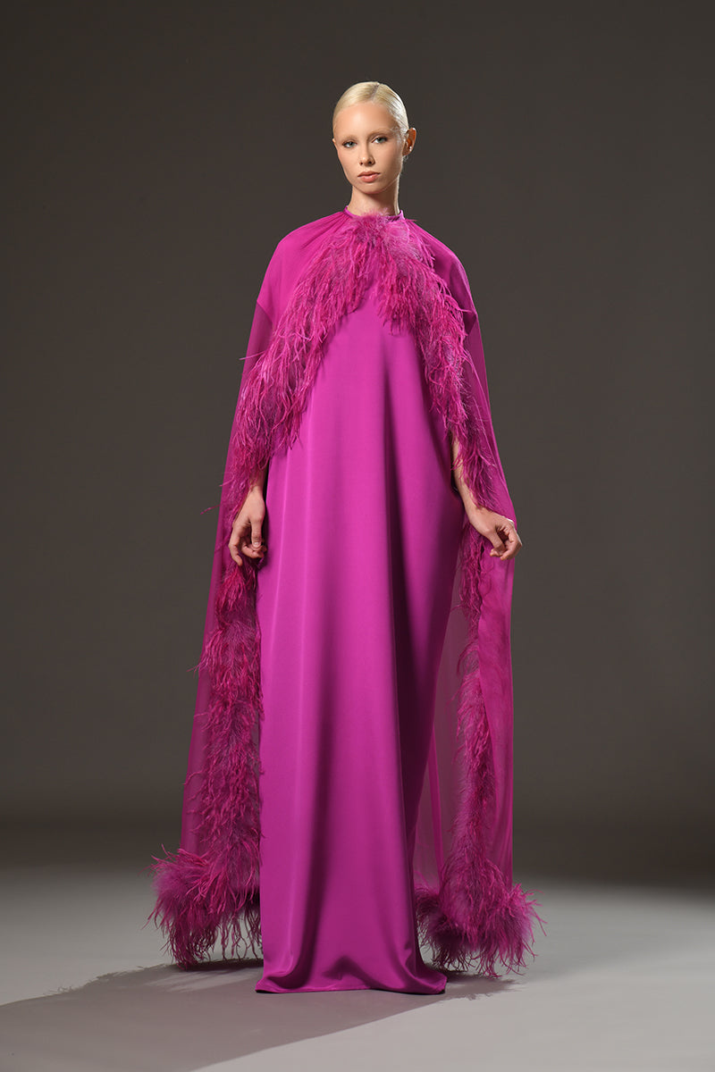Fuchsia chiffon cape with feathers