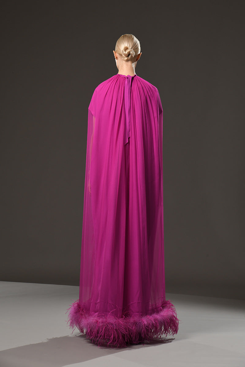 Fuchsia chiffon cape with feathers