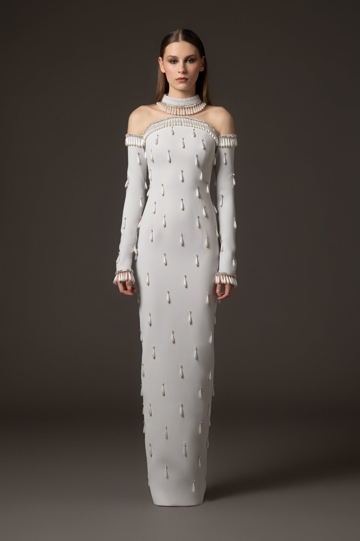 Light grey crpe dress fully embroidered with pearls Light grey crpe dress fully embroidered with pearls