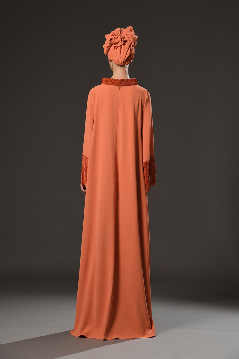 Orange crêpe abaya with crystal embellished chainmail