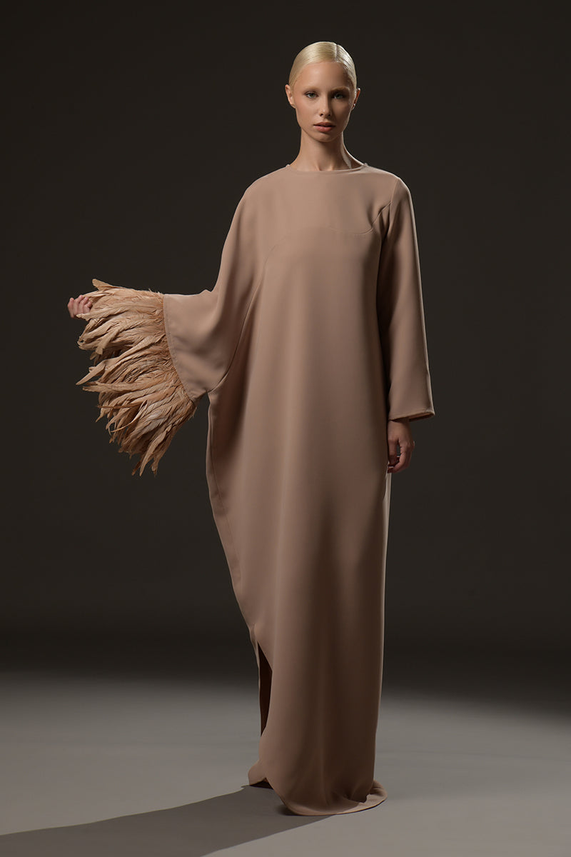 Brown abaya with feathers