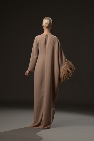 Brown crêpe abaya with feathers on the right hand sleeve