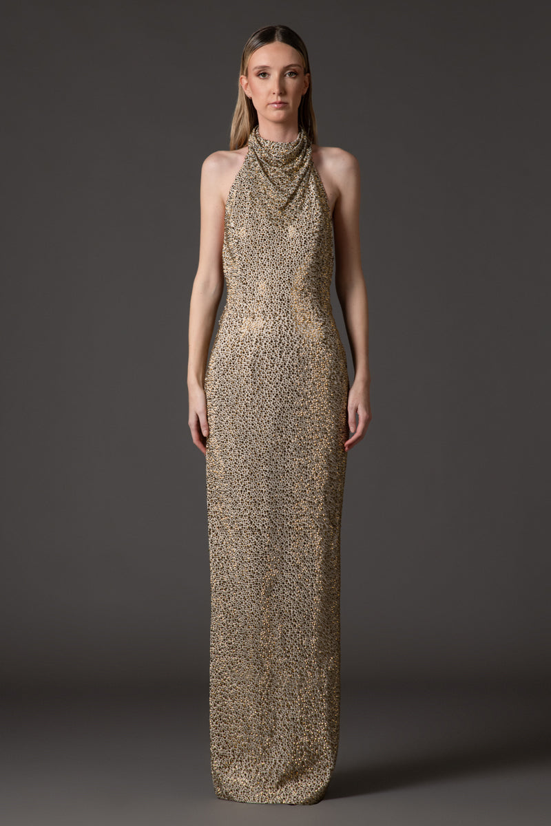 Black crêpe dress with baguette embroidery‭‬