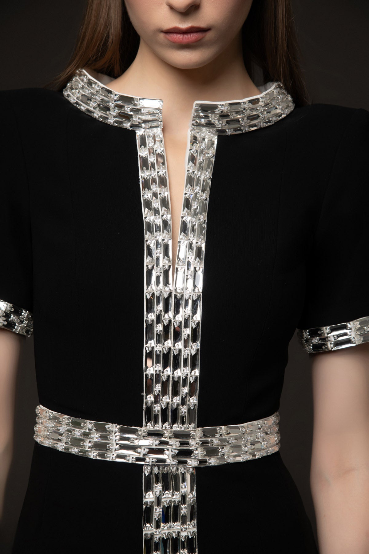 Black crêpe dress with baguette embroidery