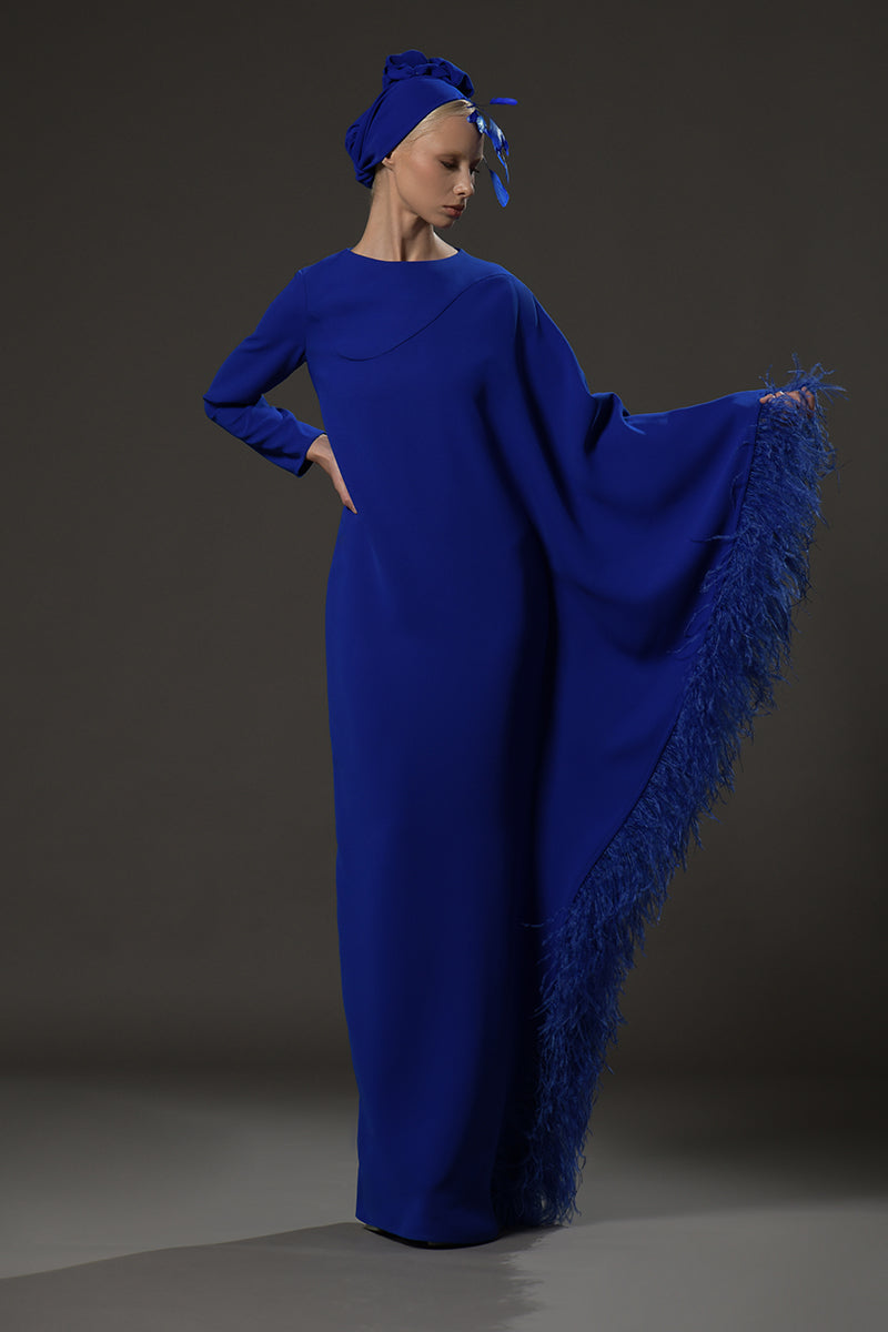 Royal blue abaya with feathers