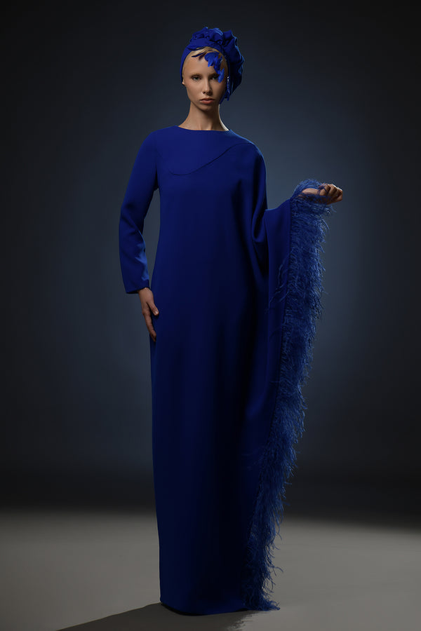 Royal blue abaya with feathers