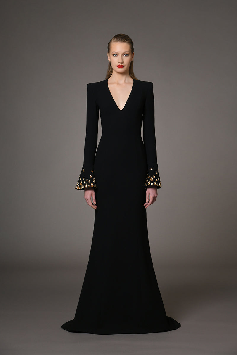 Black crêpe dress with bell embroidered sleeves