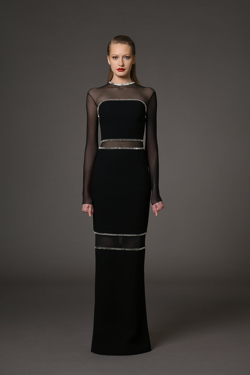 Black crêpe dress with baguette embroidery