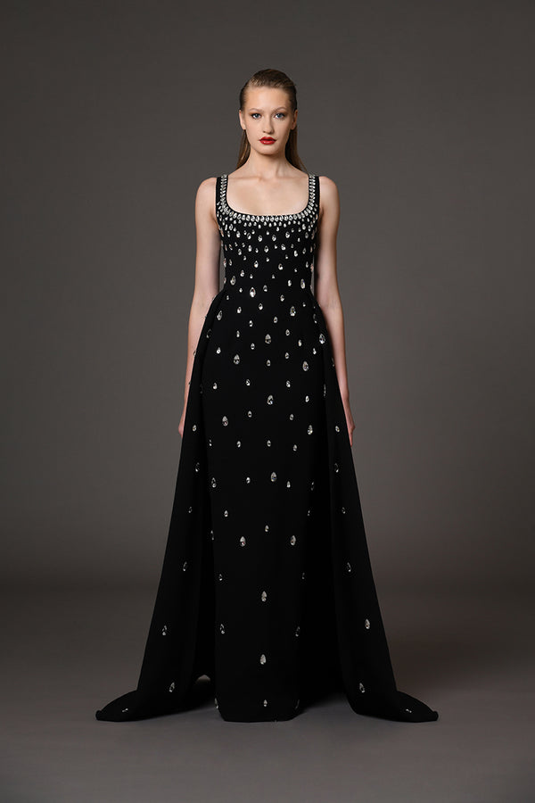 Fully embroidered black dress with overskirt