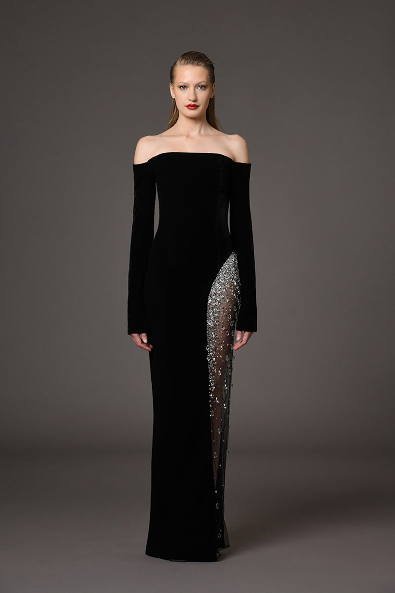 Black velvet dress with embroidery on slit