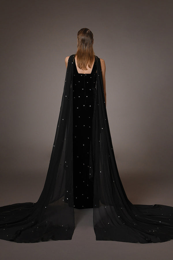 Black embroidered velvet dress with chiffon train