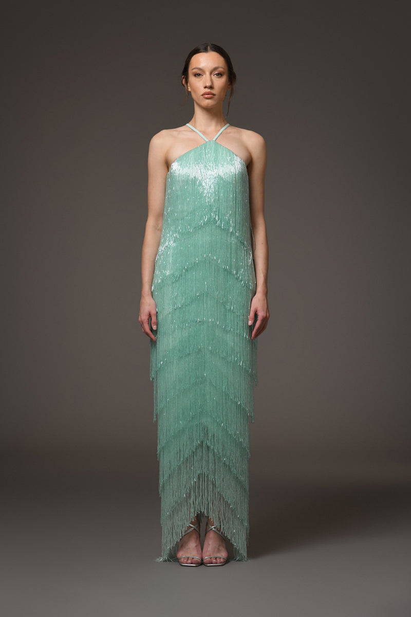 Green halter neck crpe dress with beaded fringes detailing Green halter neck crpe dress with beaded fringes detailing