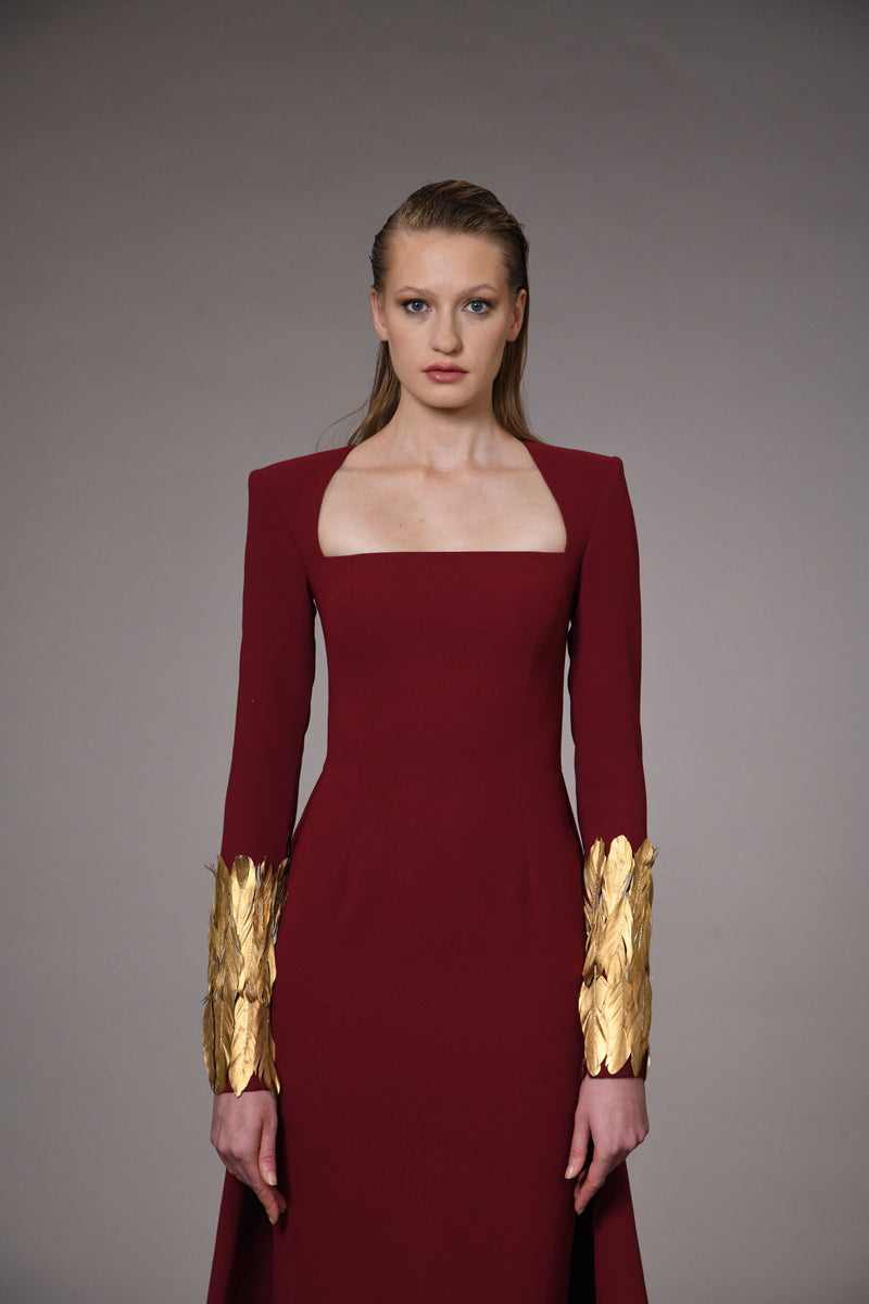 Burgundy dress with embroidery on the slit