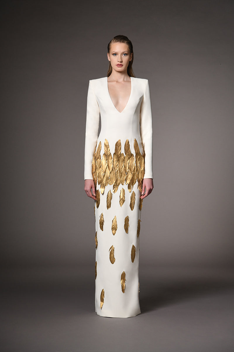 Ivory white dress with gold feathers Ivory white dress with gold feathers
