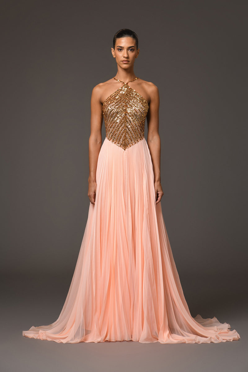 Halter neck peach pliss dress with embroidery Halter neck peach pliss dress with embroidery