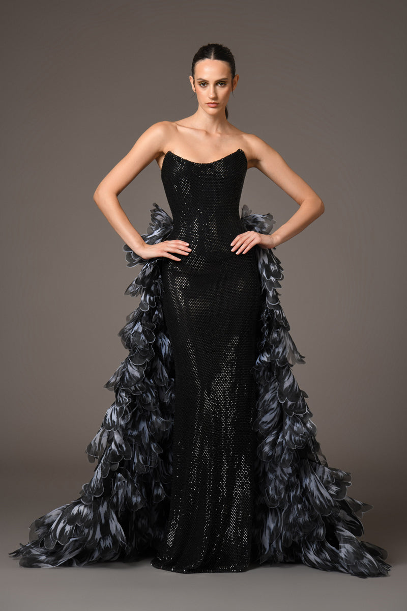 Corseted crystal embellished black gown