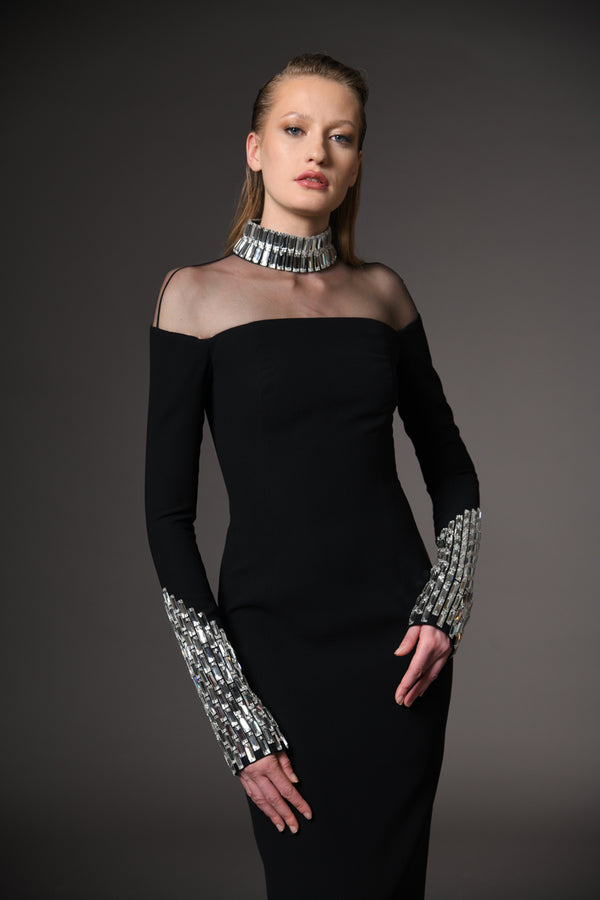 Black long sleeved crêpe dress featuring exquisite crystal embellishments