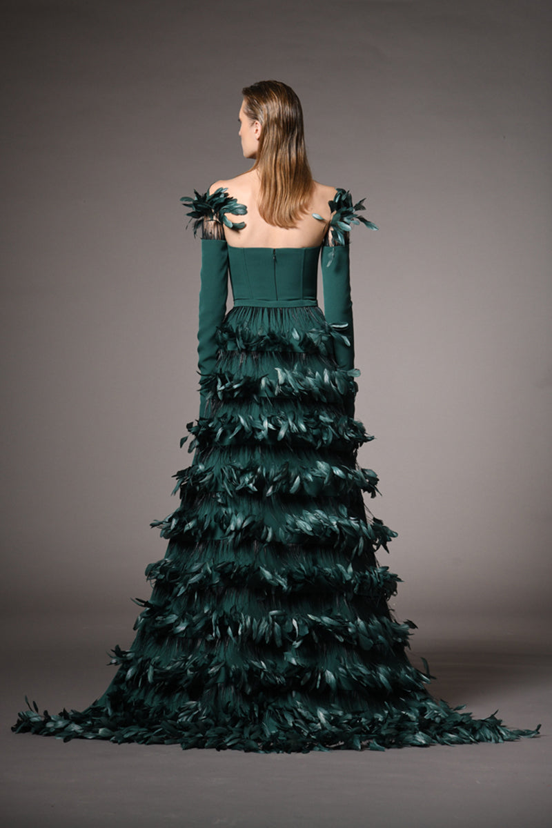 Green jumpsuit with reversible feathers overskirt