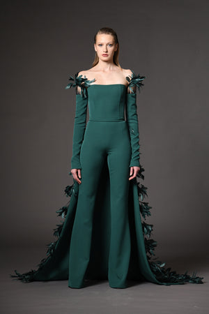 Green jumpsuit with reversible feathers overskirt