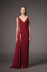 Burgundy sleeveless dress with embroidery on the slit