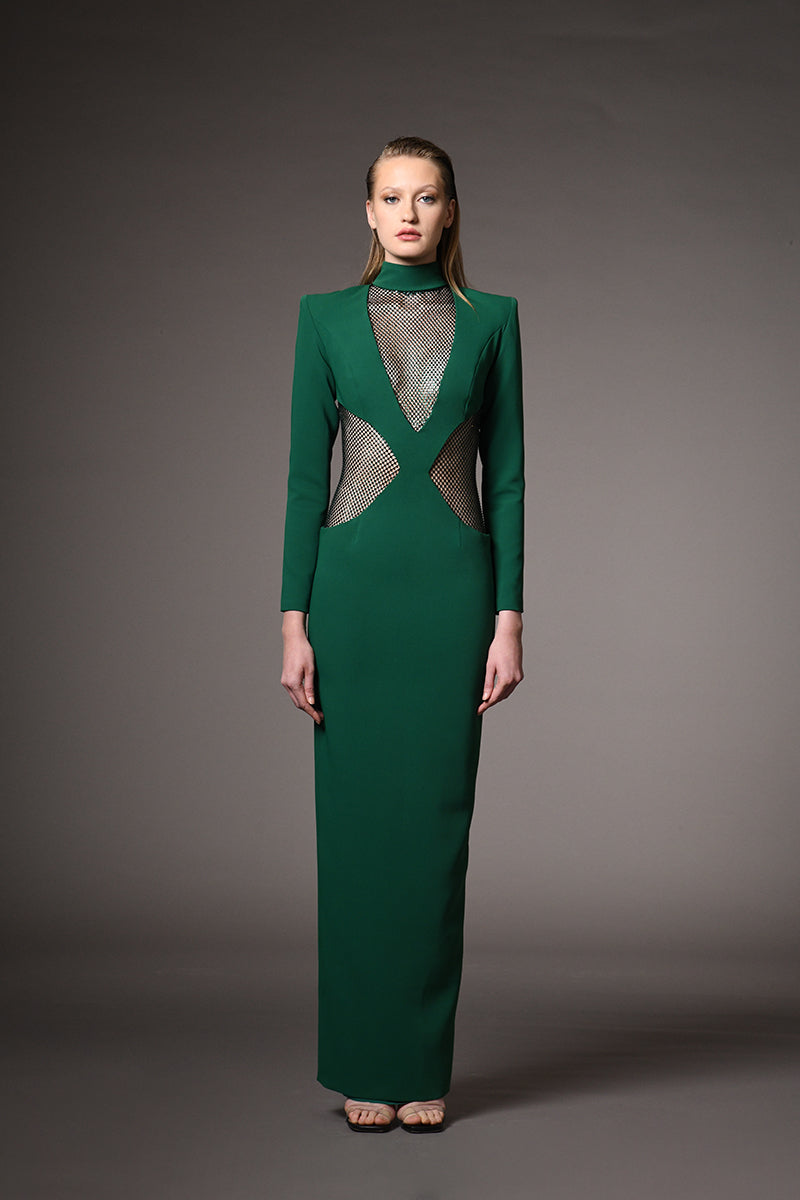green long sleeve cut out dress Green dress with net embroidery