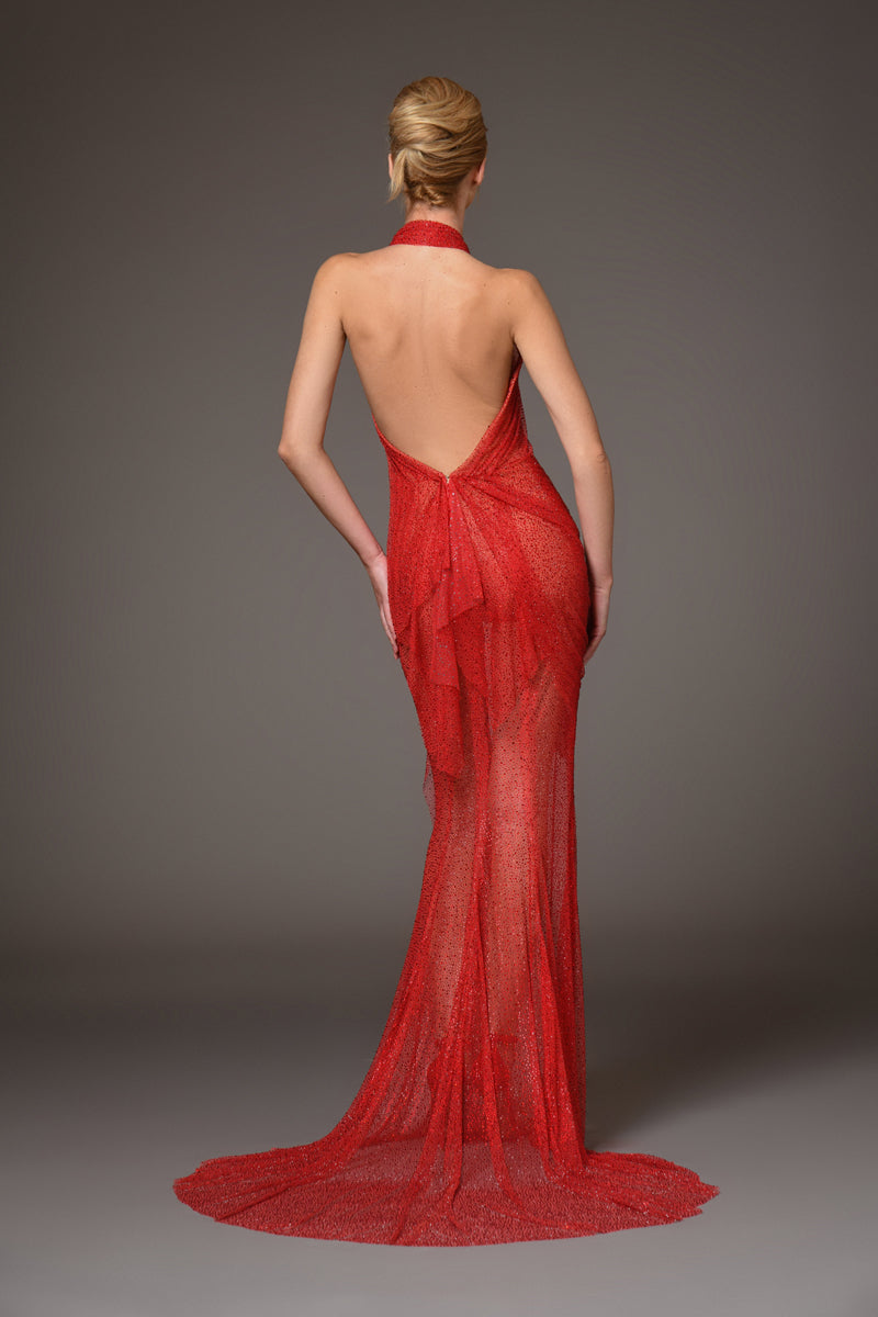 open back red halter neck tulle dress embroidered with red crystals