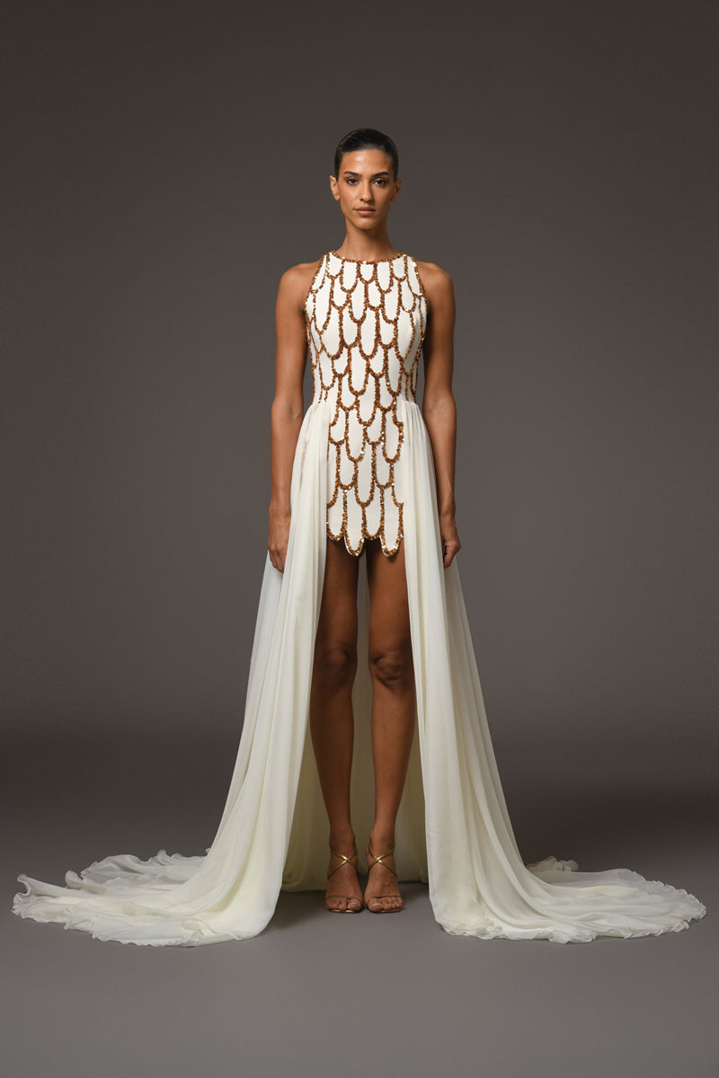 Short crêpe fully embroidered dress featuring a chiffon overskirt