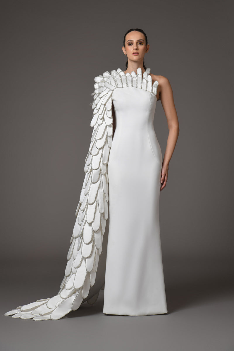 White silk scuba dress with 3d hand crafted plumes on the side