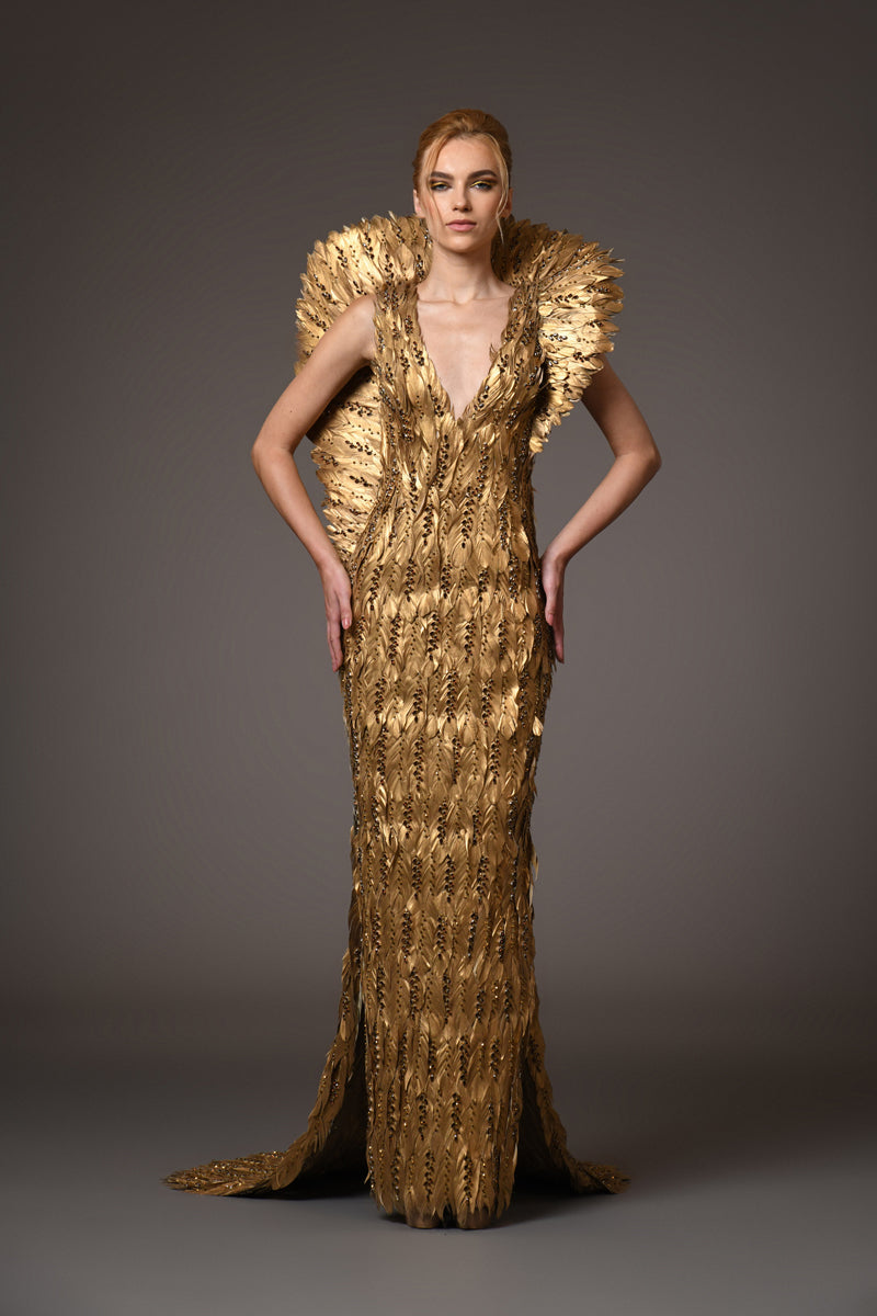 Golden feather beaded dress with winged collar