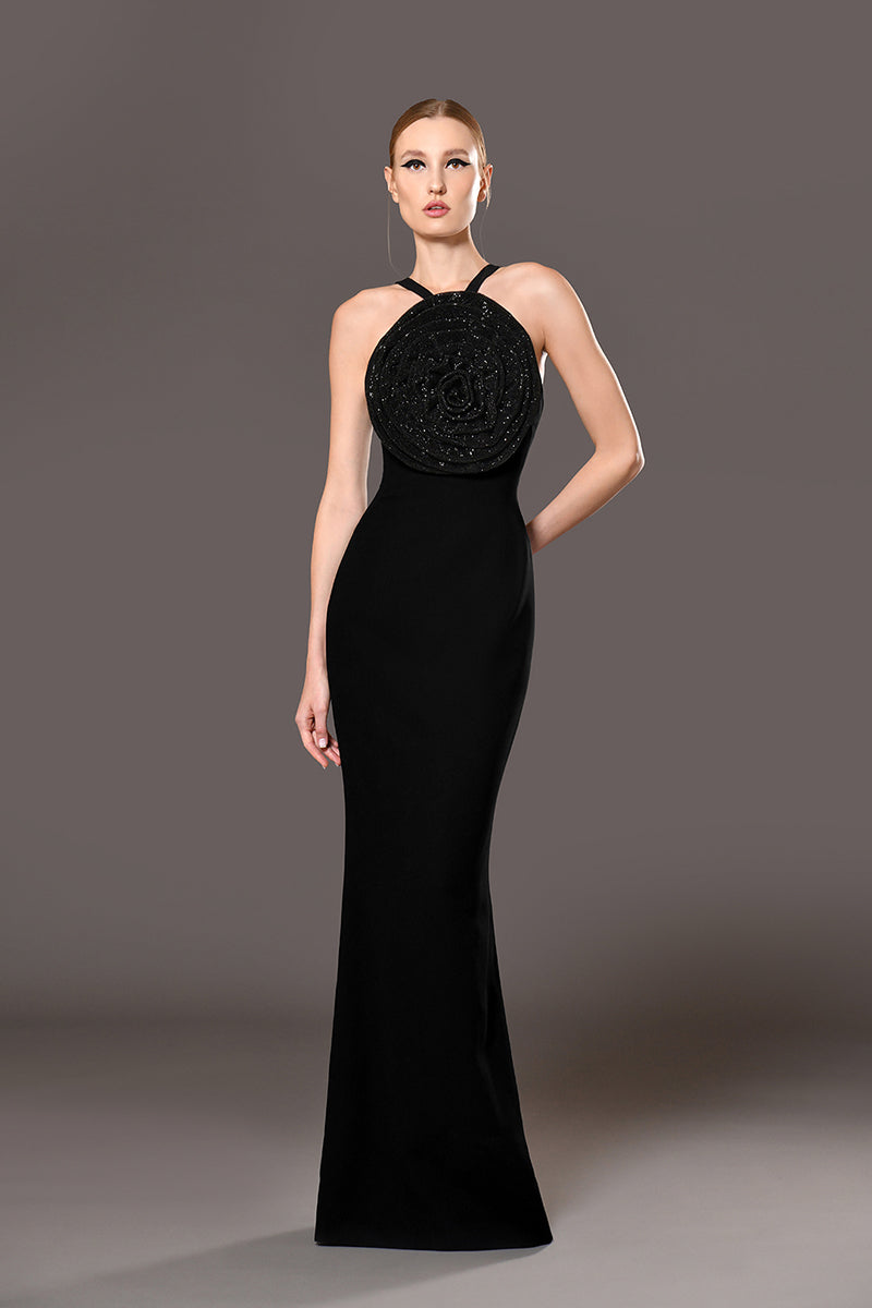 Black crêpe dress with chainmail crystal flower