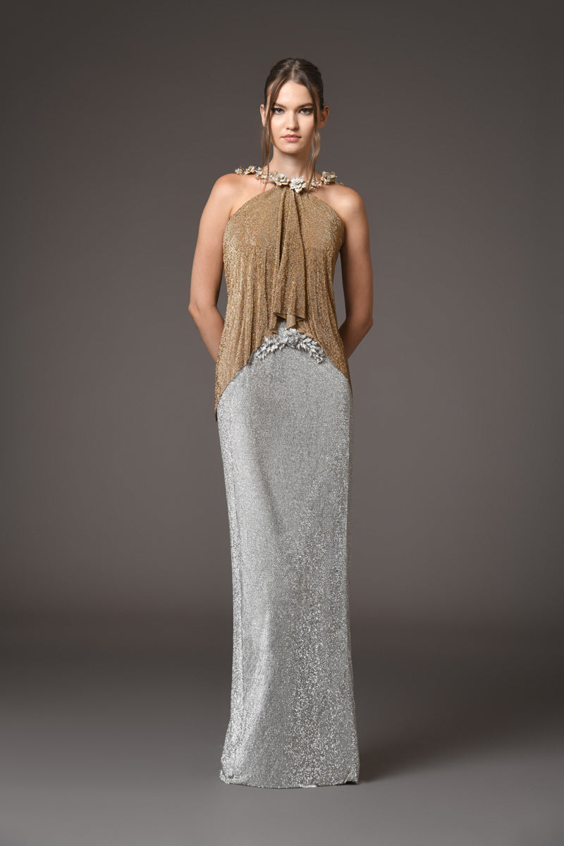 Halter neck crystal chainmail dress in bronze and silver, with intricate crystal flower detailing Halter neck crystal chainmail dress in bronze and silver, with intricate crystal flower detailing