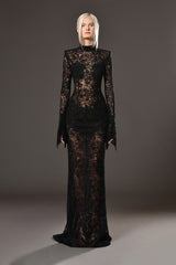 Black lace dress, adorned with captivating black crystal chainmail sleeves