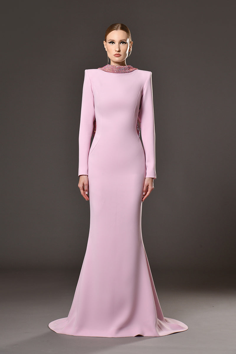 Pink crêpe dress with crystal chainmail flower detail