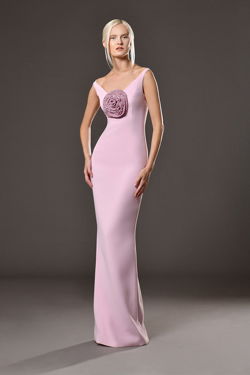 Pink crpe dress with crystal chainmail flower Pink crpe dress with crystal chainmail flower
