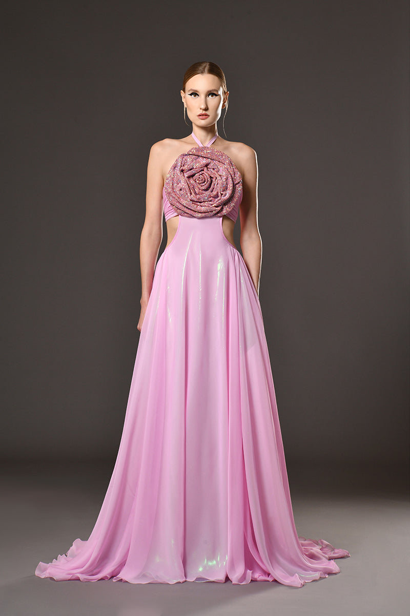 Pink A-line dress with crystal chainmail flower Pink A-line dress with crystal chainmail flower