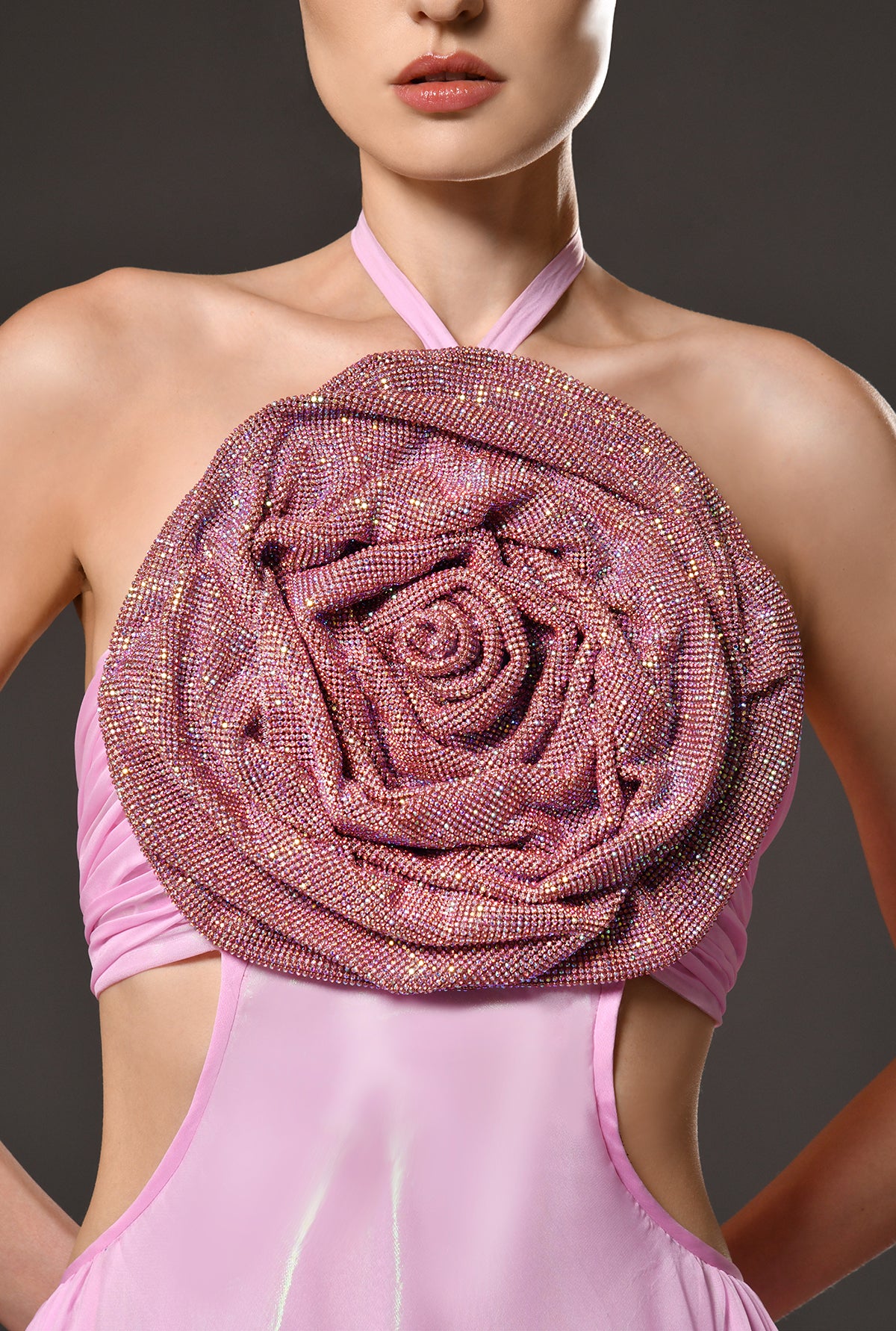 Pink A-line dress with crystal chainmail flower
