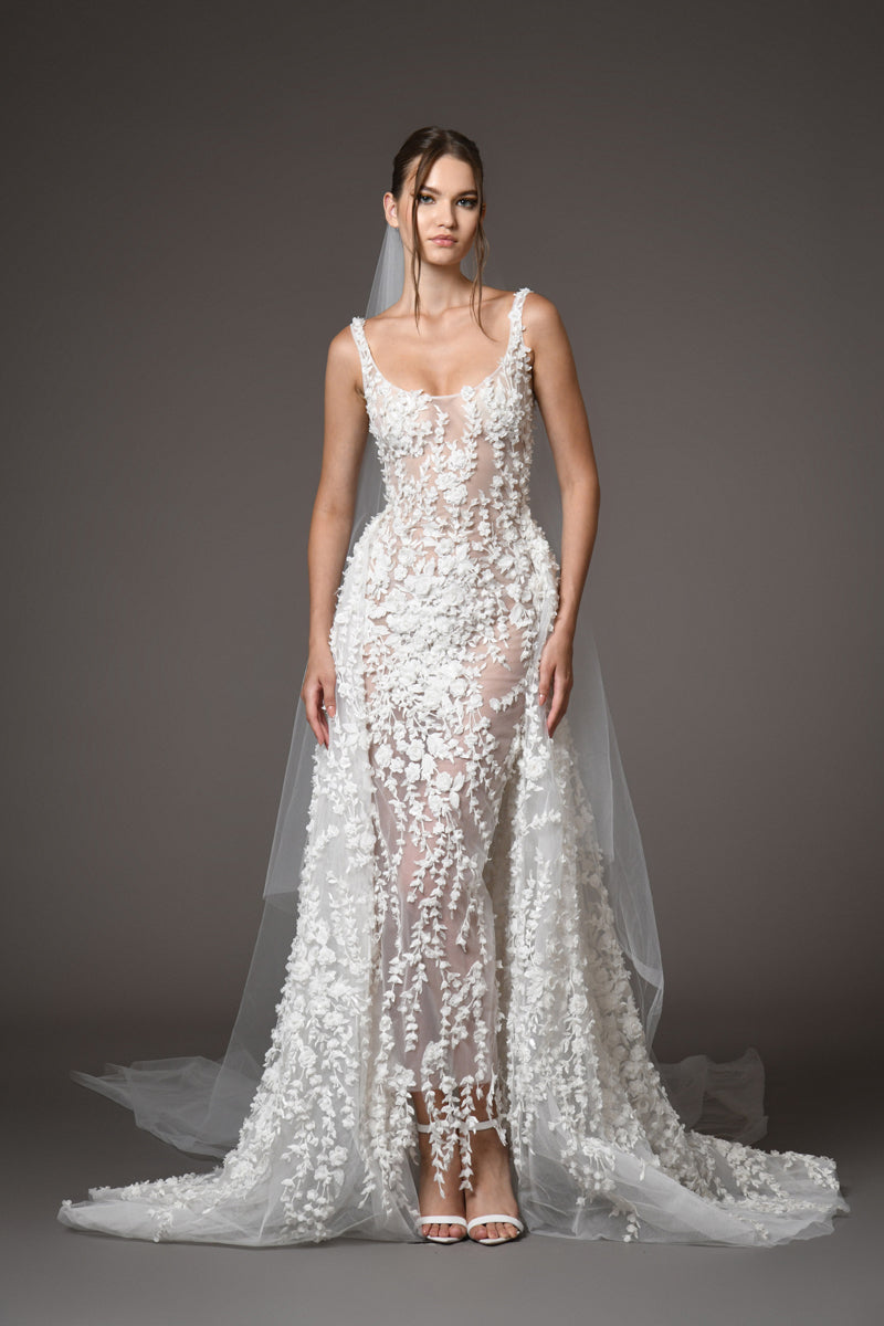 Silk tulle bridal gown with floral embroidery