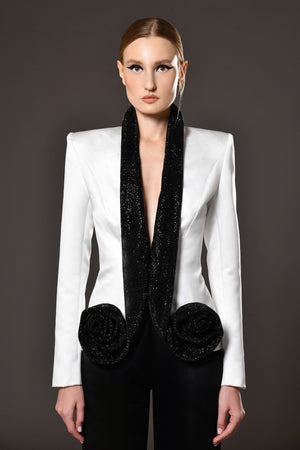 White radzimir blazer with black crystal chainmail collar and black radzimir pants