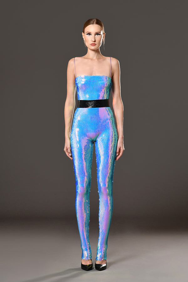 Holographic sequined jumpsuit with black belt