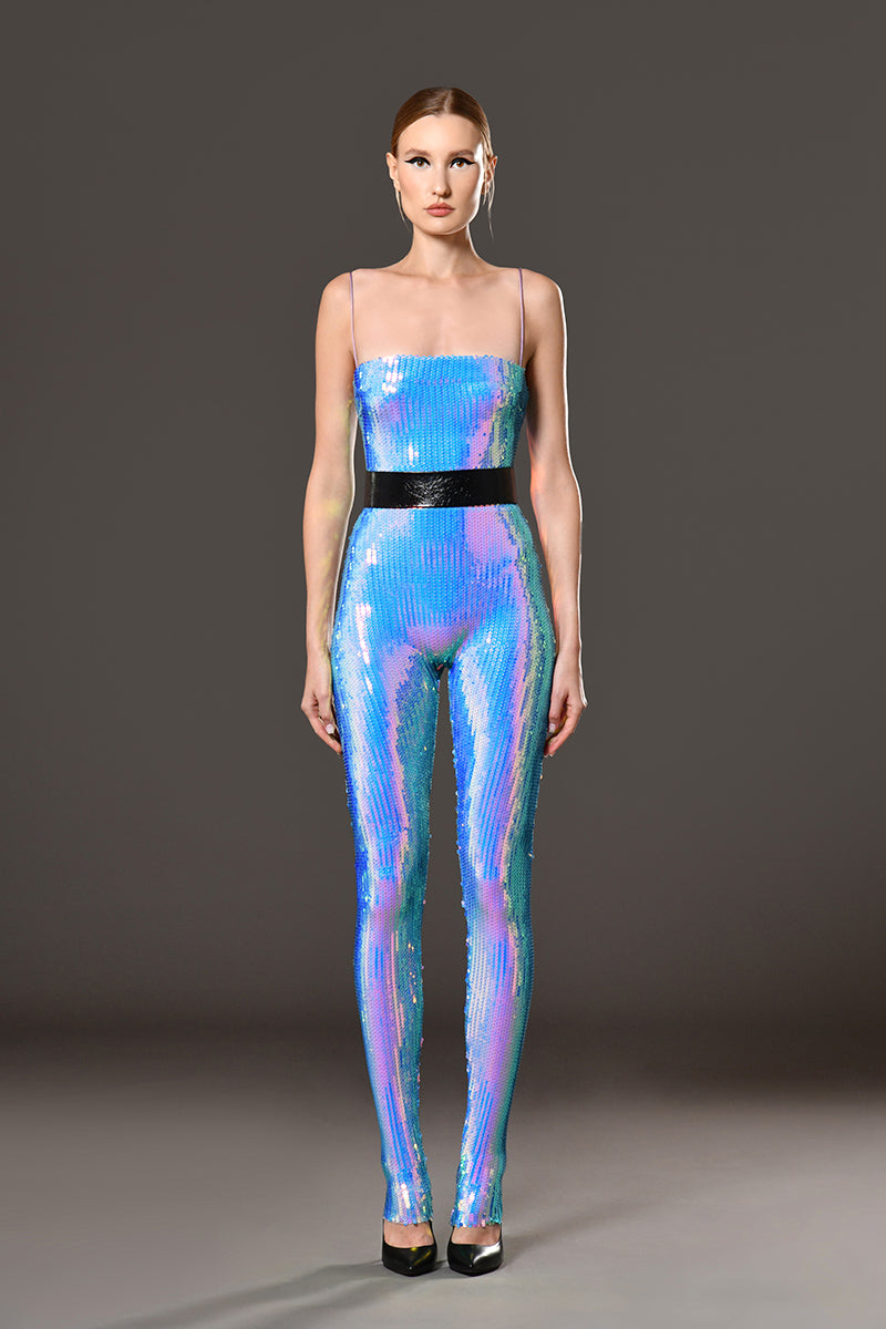 Holographic sequined jumpsuit with black belt