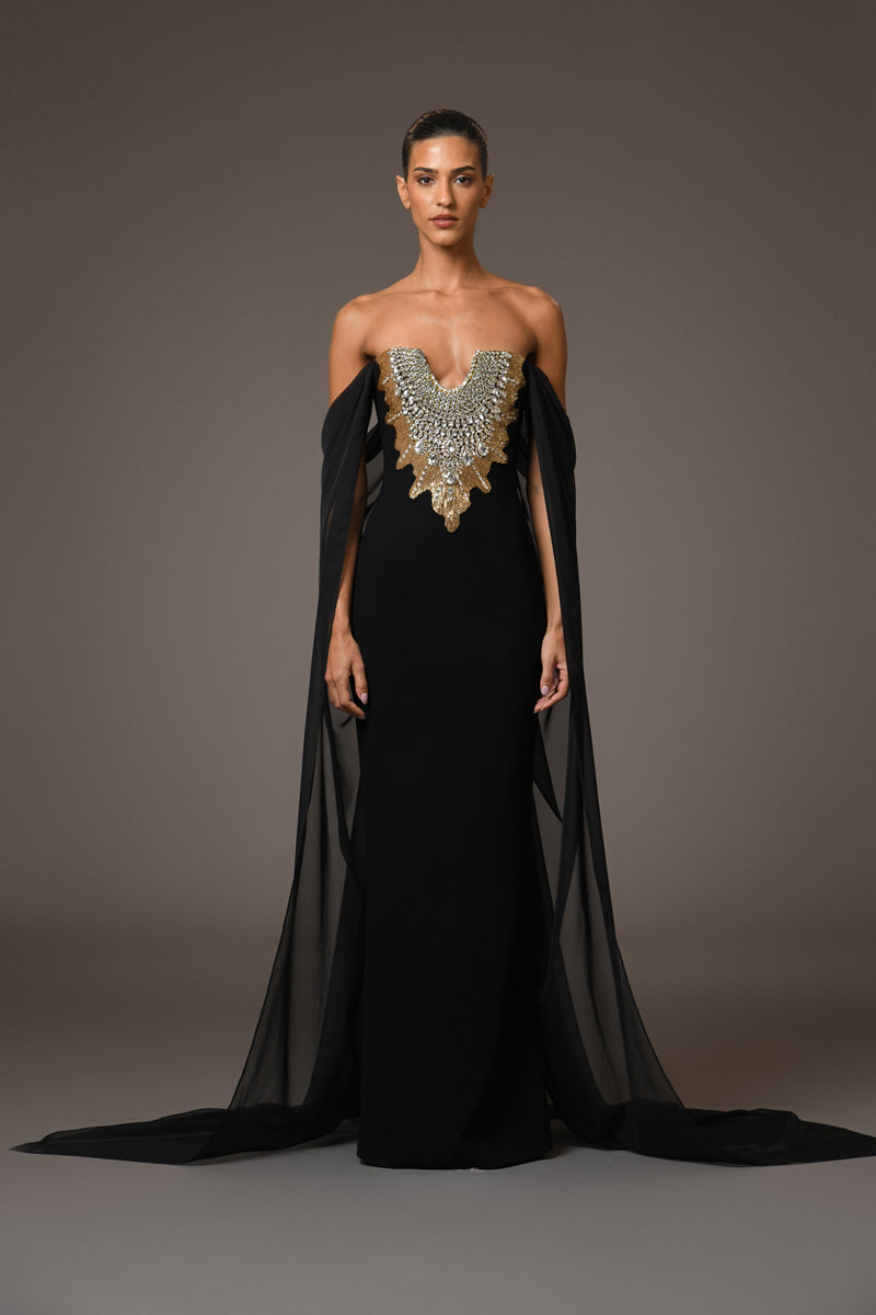 Black crpe dress with embroidery and chiffon sleeves Black crpe dress with embroidery and chiffon sleeves