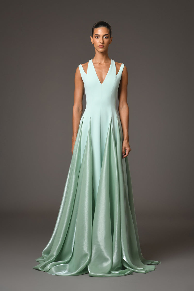 Green crpe dress with A-line shimmery organza Green crpe dress with A-line shimmery organza