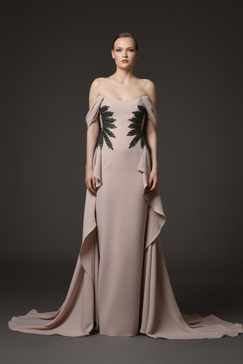 Nude crêpe dress with embroidery featuring an overskirt