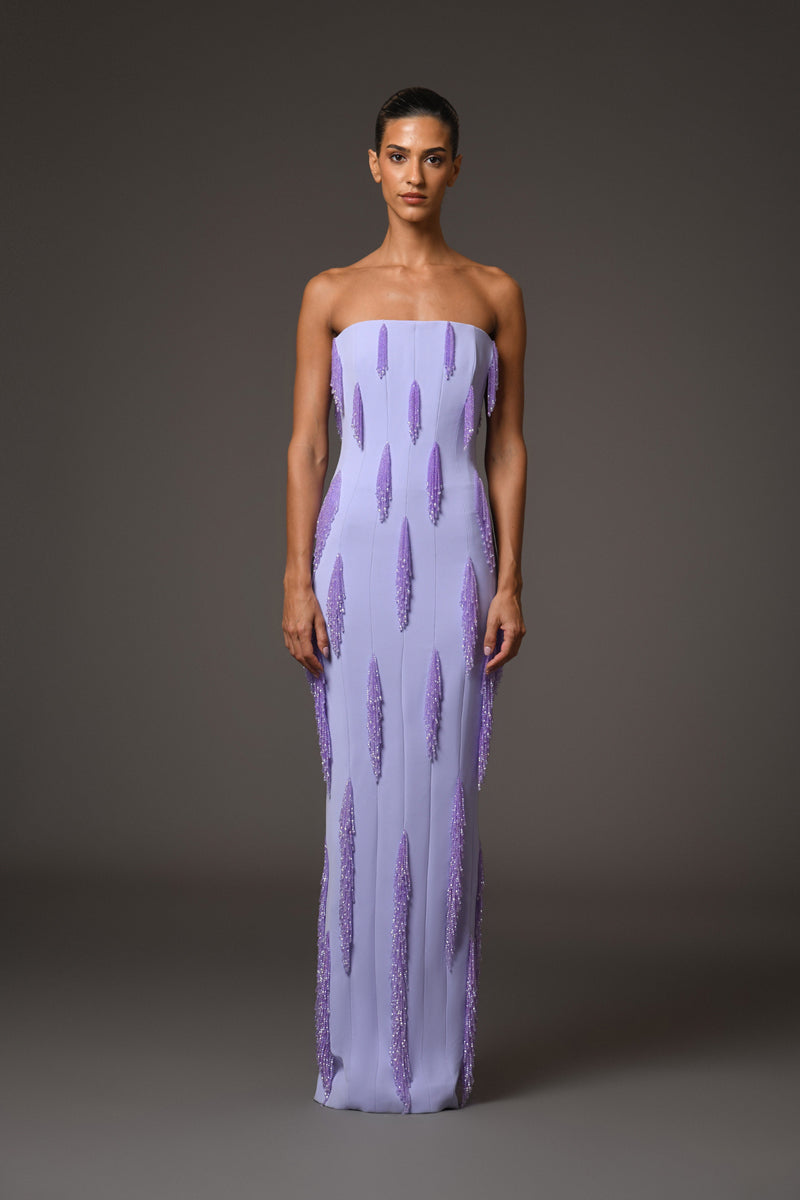 Lilac crpe dress featuring beaded fringes Lilac crpe dress featuring beaded fringes