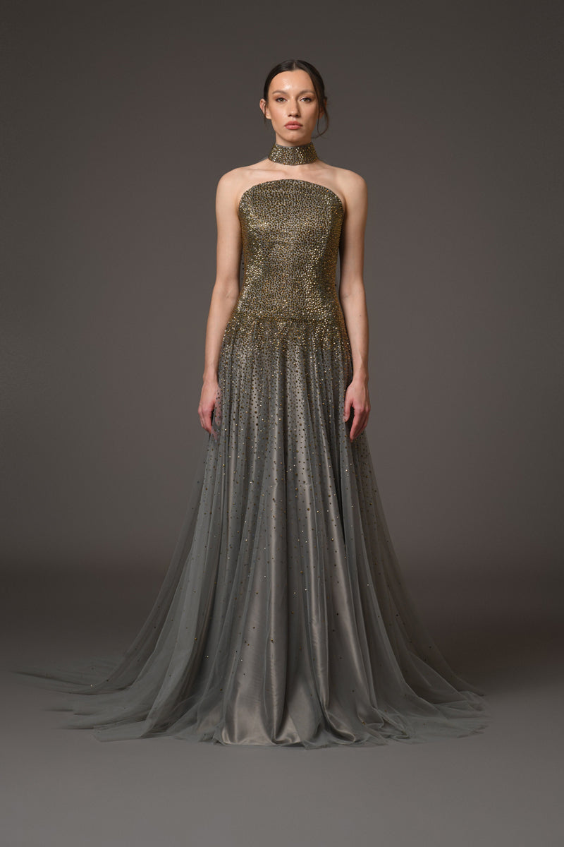 Corseted grey fully embroidered tulle dress Corseted grey fully embroidered tulle dress