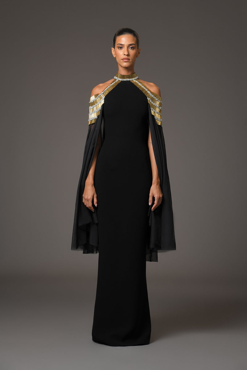 Black crpe dress with embroidery and cape sleeves Black crpe dress with embroidery and cape sleeves