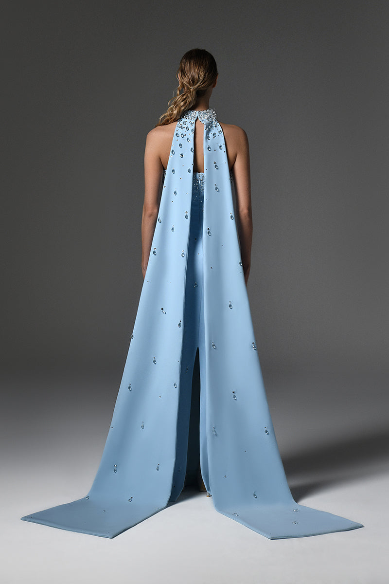 Light blue fully embroidered crêpe dress
