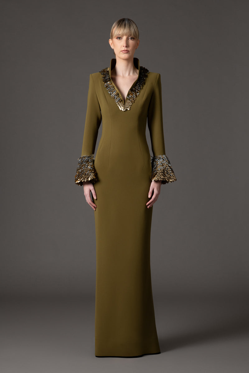 Olive green crpe dress with 3D leaf embellishment Olive green crpe dress with 3D leaf embellishment