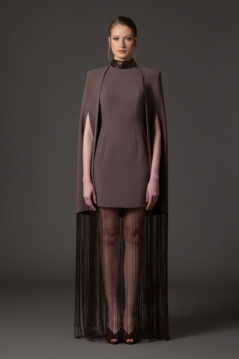 Coffee brown cape dress with beaded fringes Coffee brown cape dress with beaded fringes